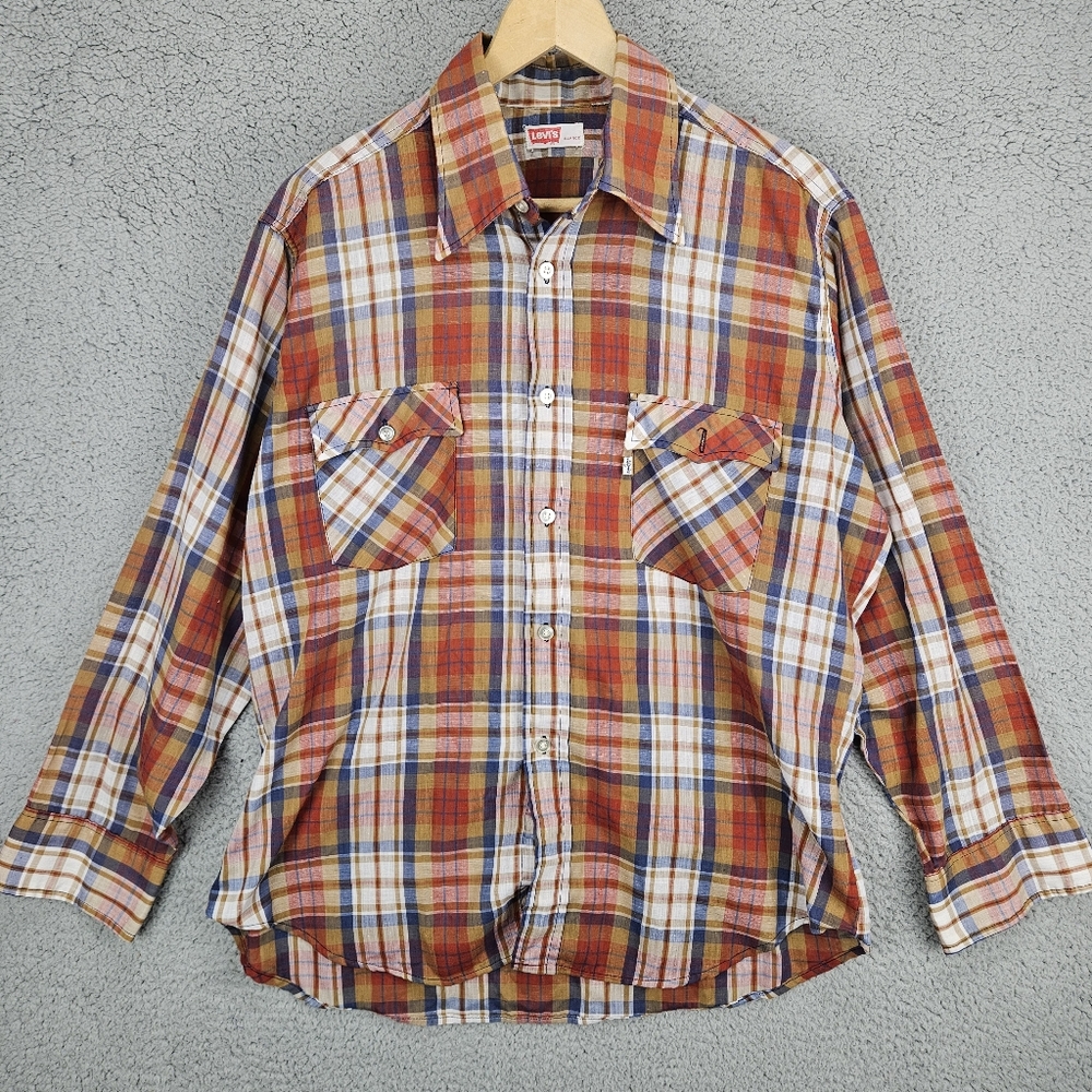Vintage Levis Western Shirt Mens XL Plaid Cowboy Rancher Rodeo Orange
